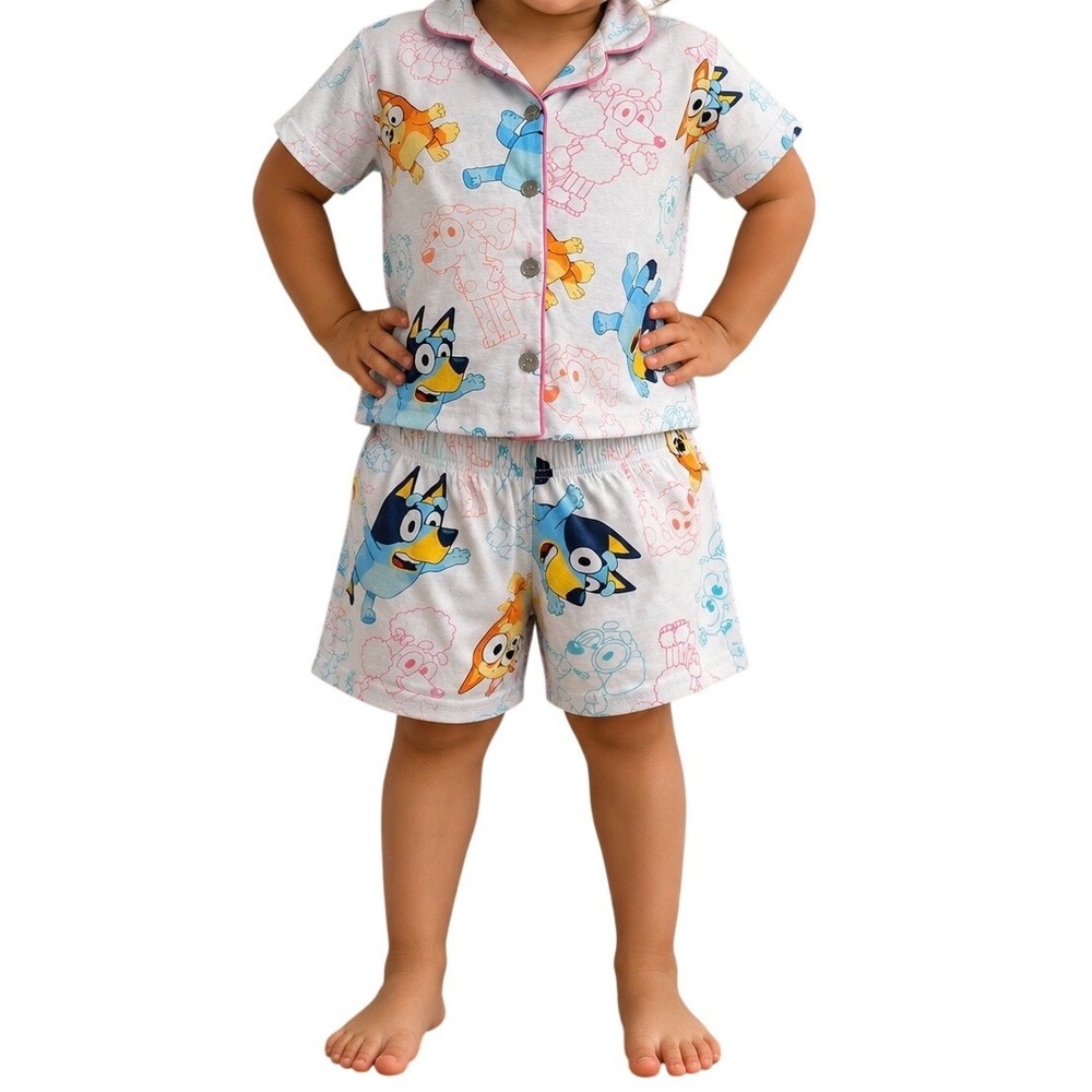 Bluey Girls Pajama Set Short Sleeve Button Down Shirt and Shorts Size M 8 Pink
